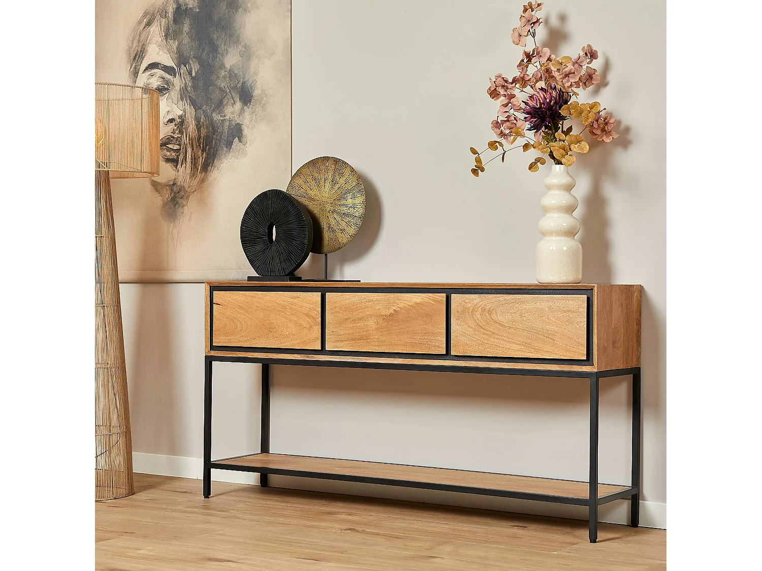 Grande console d'entrée bois cadre noir 3 tiroirs UVEA