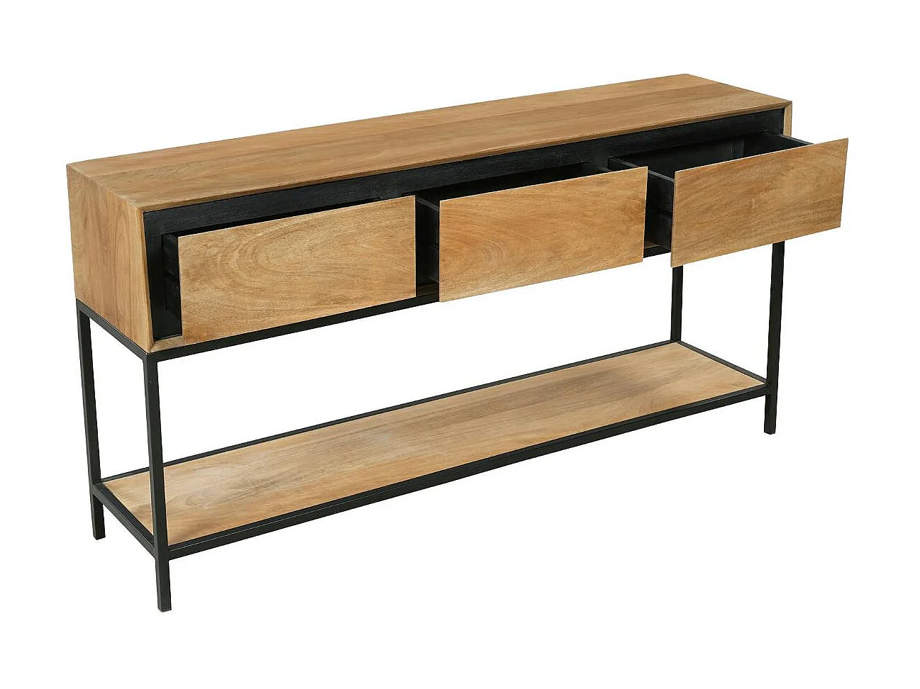 Grande console d'entrée bois cadre noir 3 tiroirs UVEA