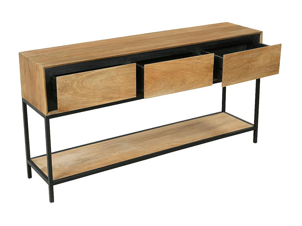 Grande console d'entrée bois cadre noir 3 tiroirs UVEA