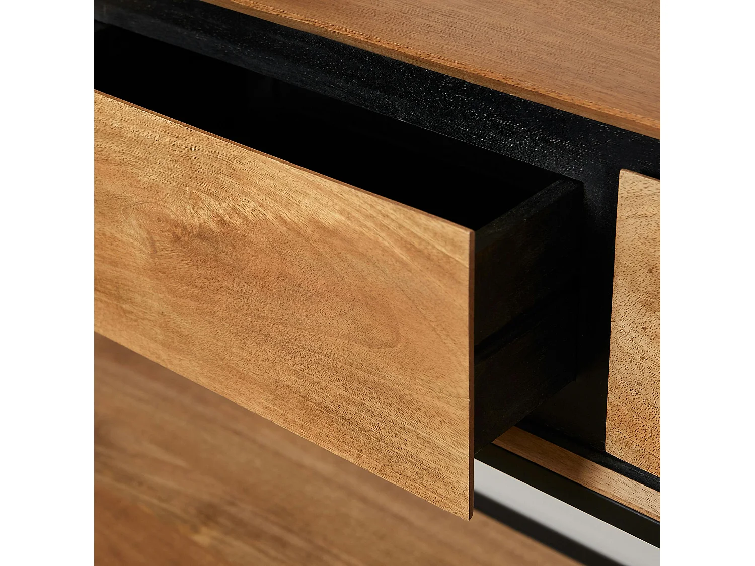 Grande console d'entrée bois cadre noir 3 tiroirs UVEA