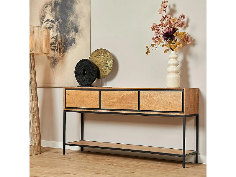 Grande console d'entrée bois cadre noir 3 tiroirs UVEA