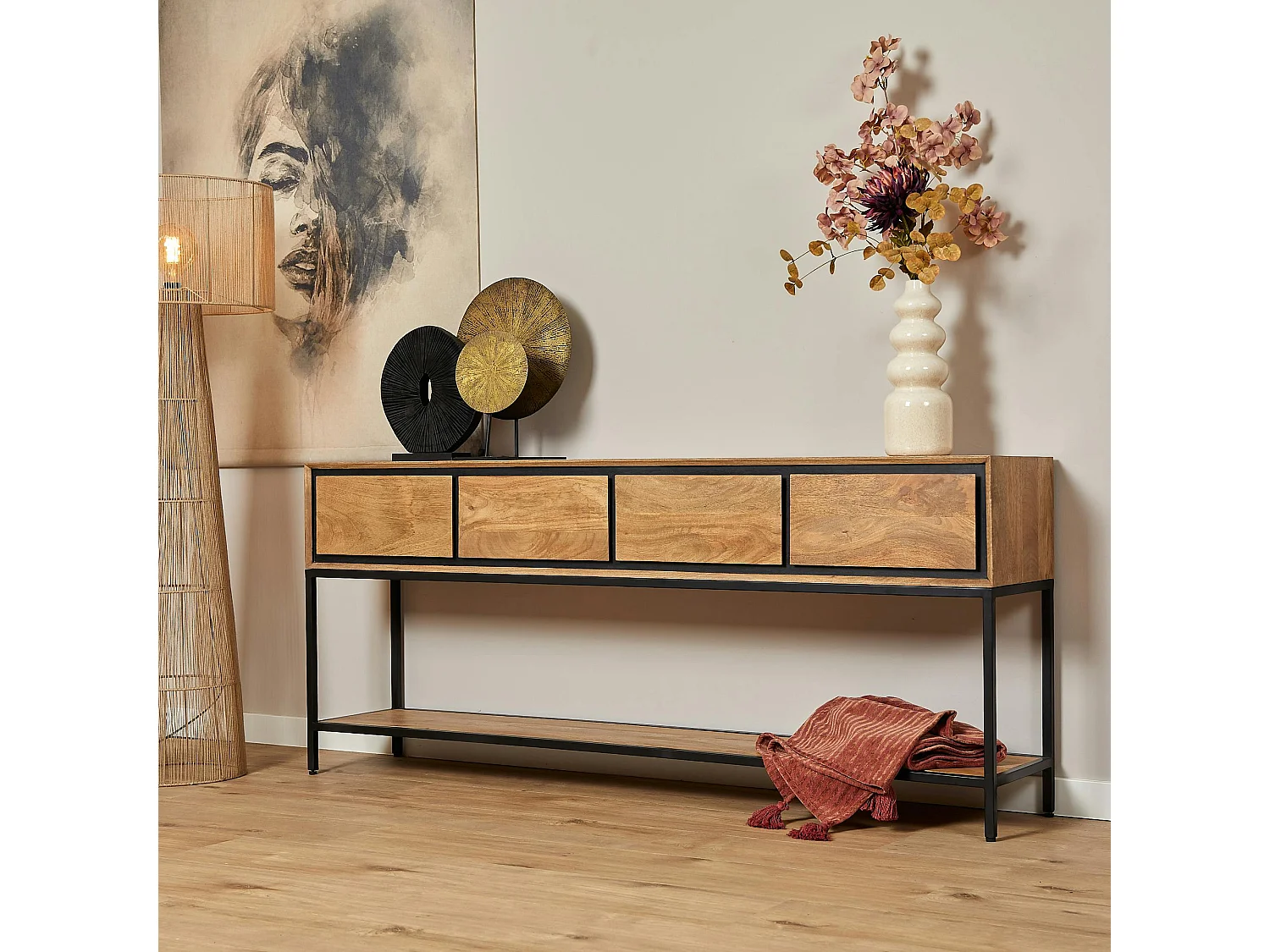 Grande console d'entrée bois cadre noir 180 cm UVEA