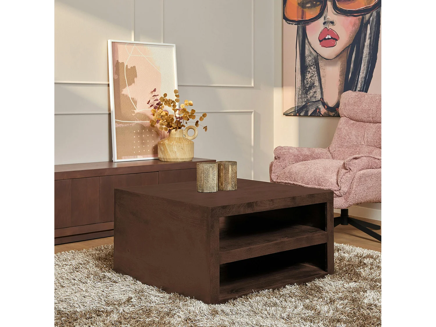 Table basse carrée effet noyer avec rangement MONTARO