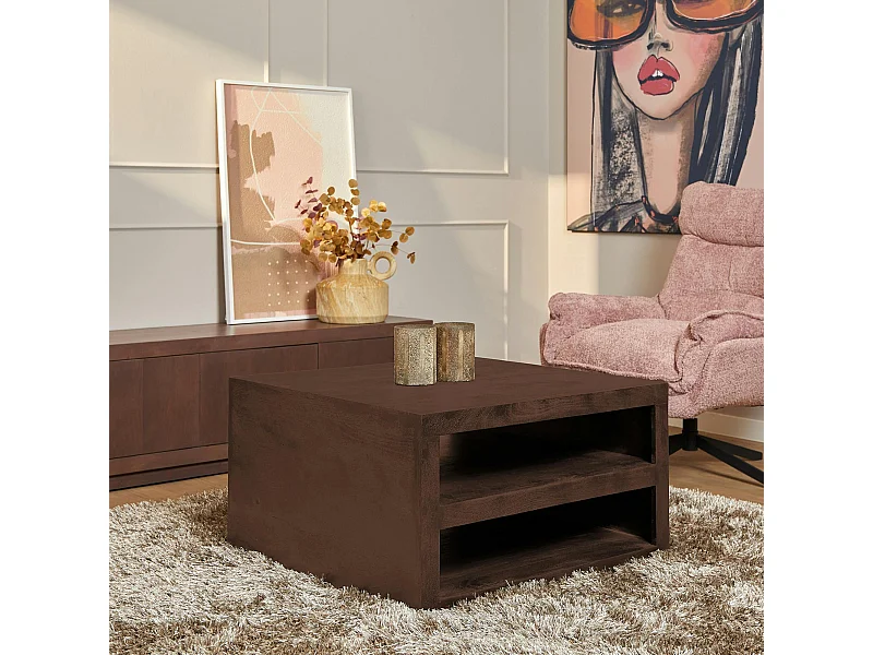 Table basse carrée effet noyer avec rangement MONTARO