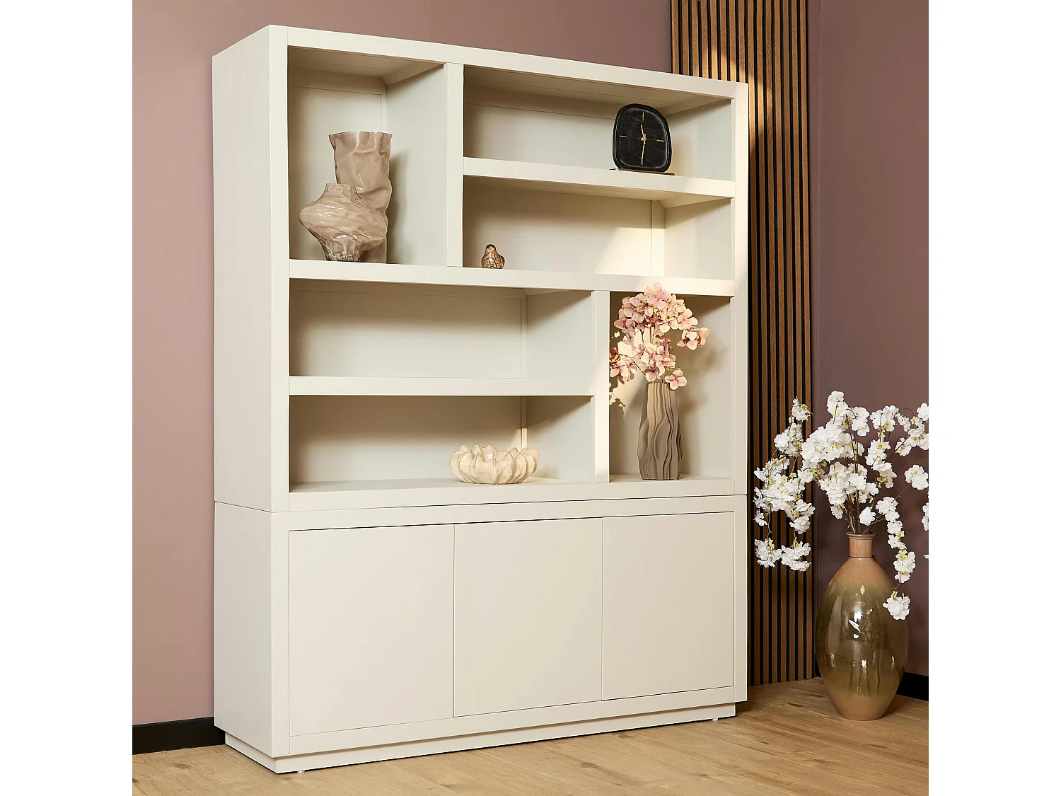 Grande bibliothèque bois sable style minimaliste MONTARO