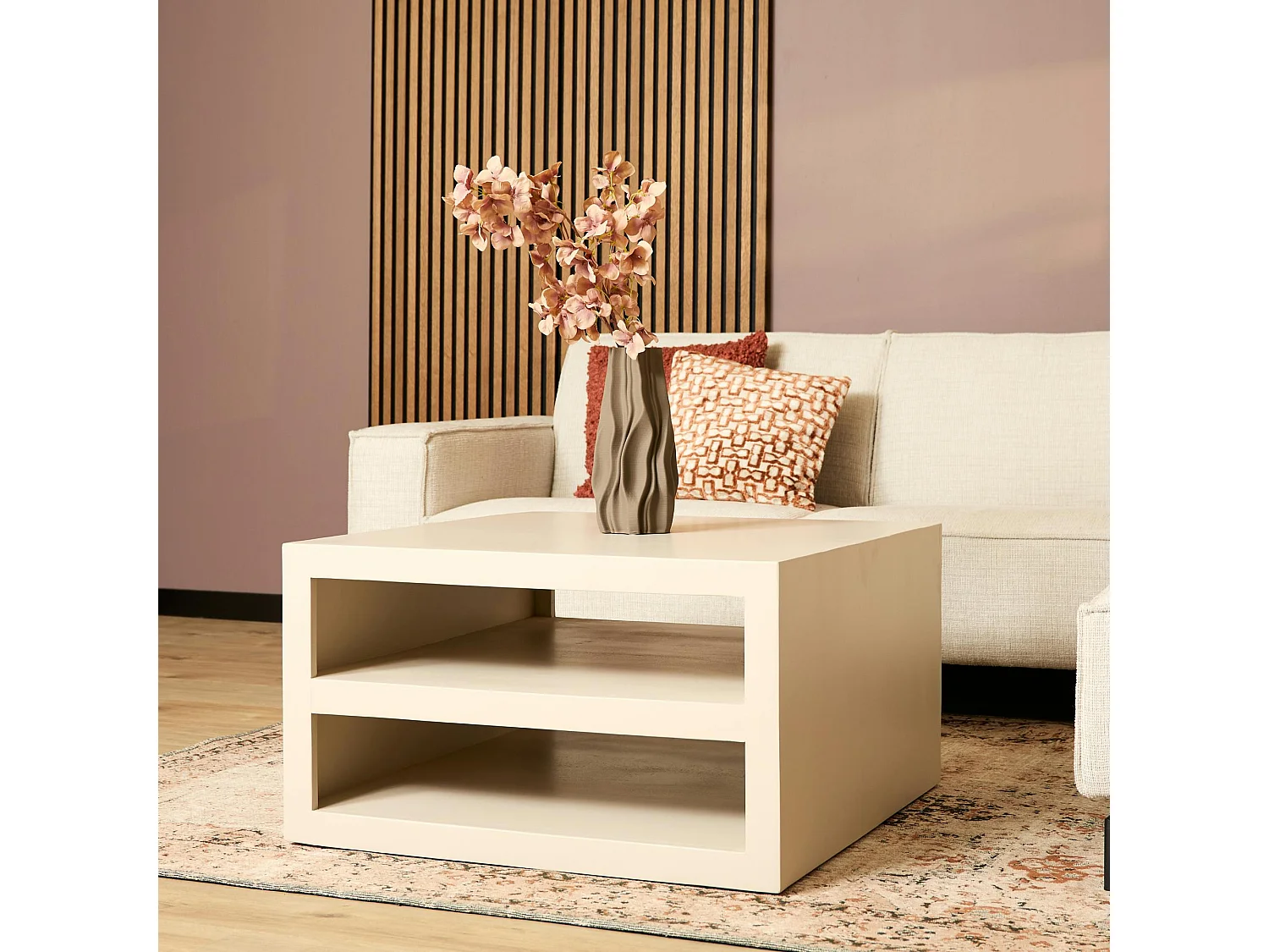 Table basse carrée bois sable avec rangement MONTARO