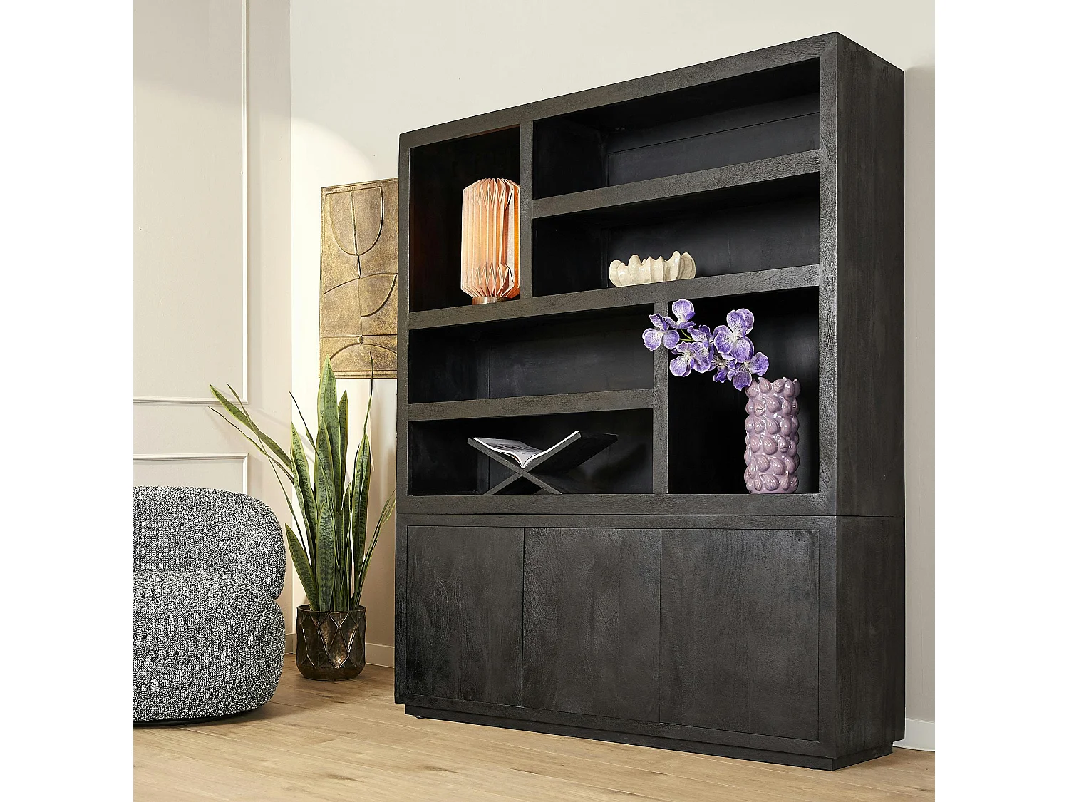 Grande bibliothèque bois noir style minimaliste MONTARO