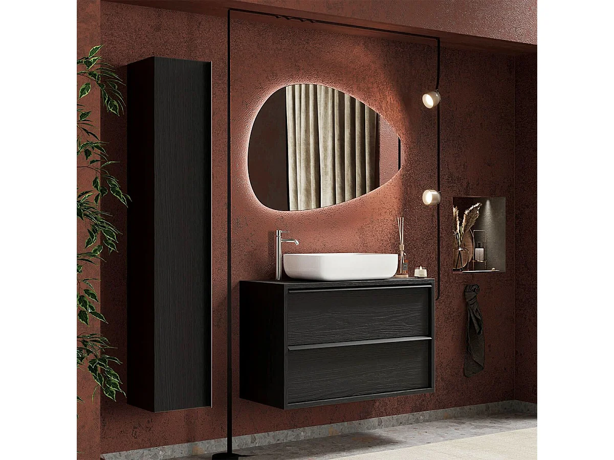 Meuble Vasque 105cm suspendu 2 tiroirs aspect bois noir - TERAS