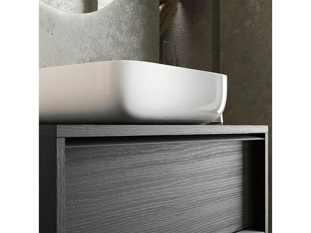 Meuble Vasque 92cm suspendu 2 tiroirs aspect bois noir - TERAS