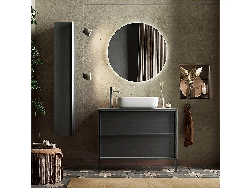 Meuble Vasque 79cm suspendu 2 tiroirs aspect bois noir - TERAS