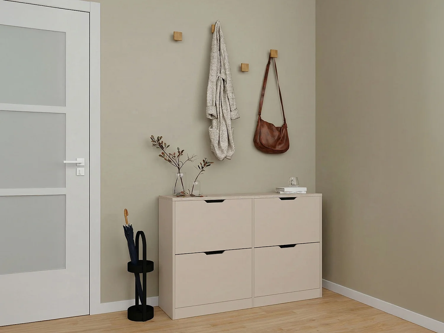 Meuble à chaussures avec 4 compartiments abattants - Beige et effet travertin - LOTULA