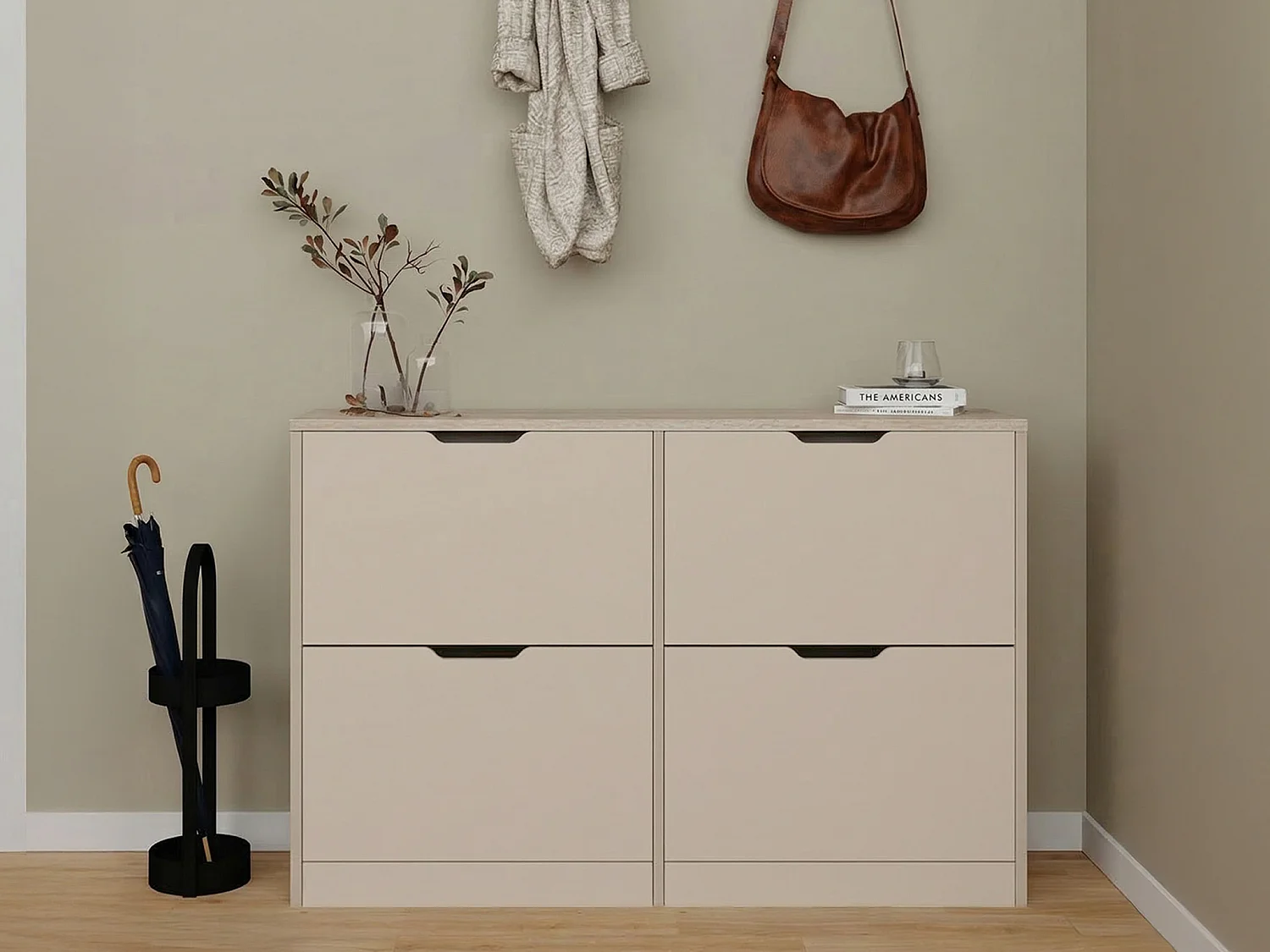 Meuble à chaussures avec 4 compartiments abattants - Beige et effet travertin - LOTULA