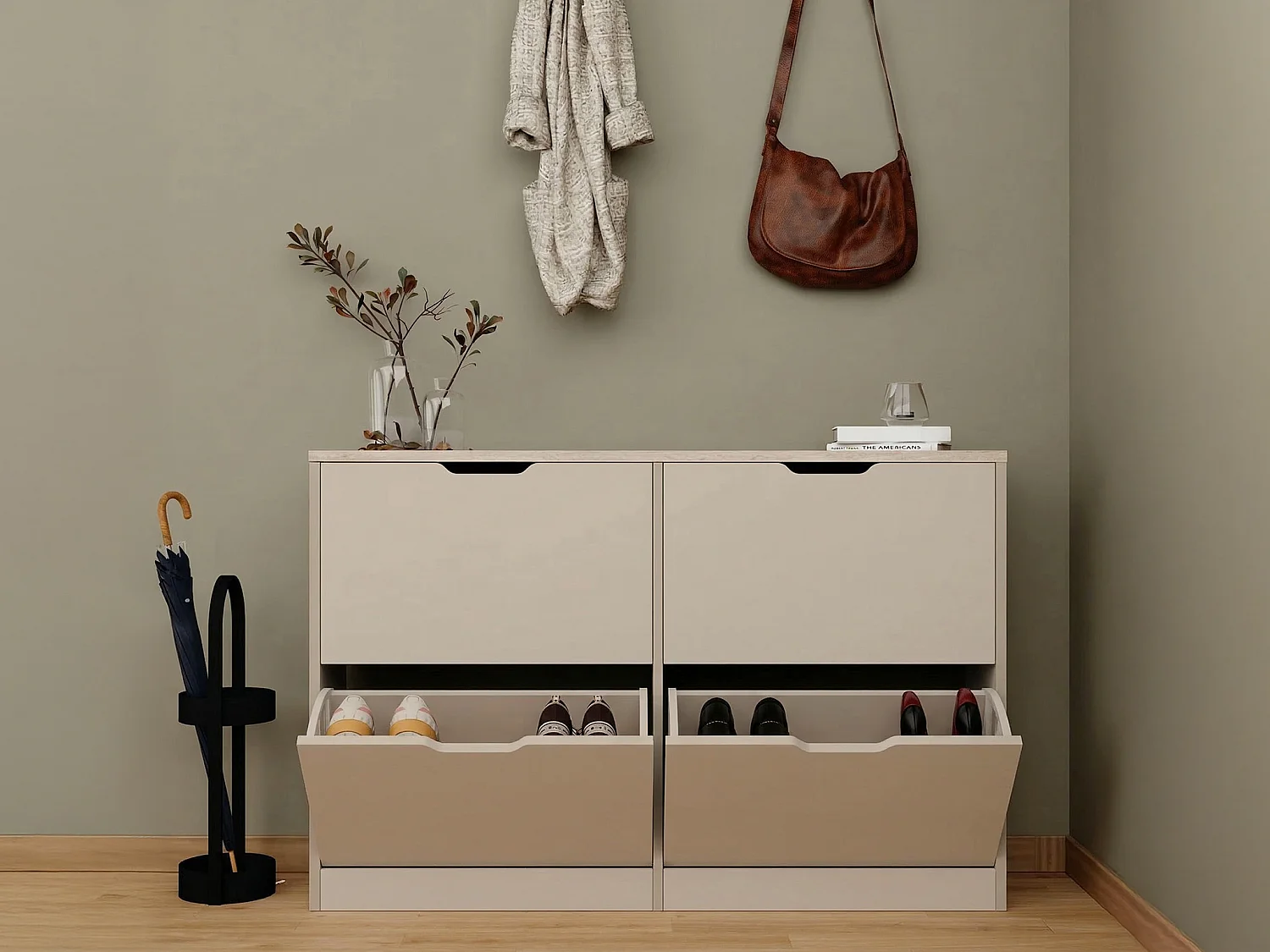 Meuble à chaussures avec 4 compartiments abattants - Beige et effet travertin - LOTULA
