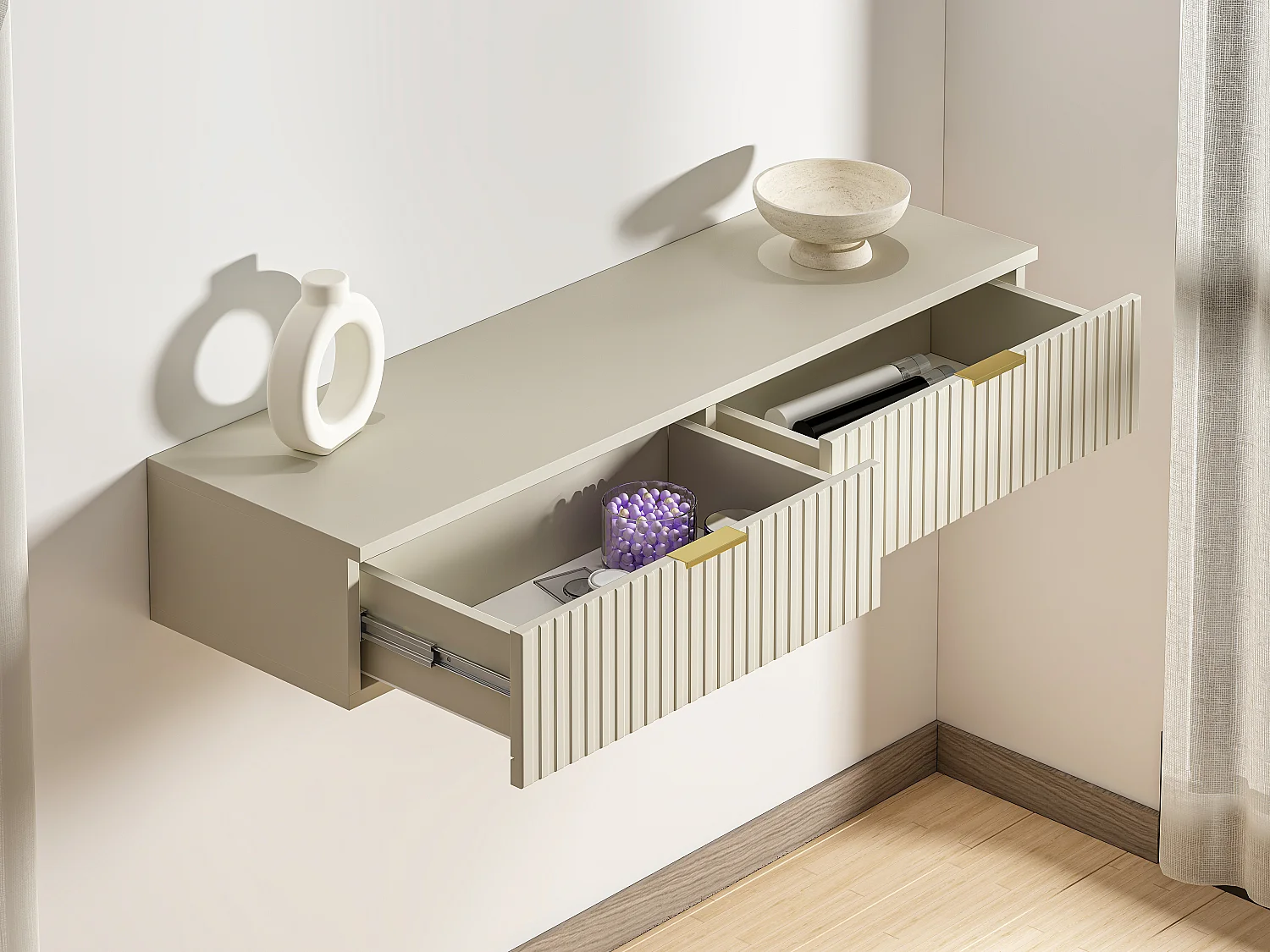 Console suspendue avec 2 tiroirs - Beige - FRALYN