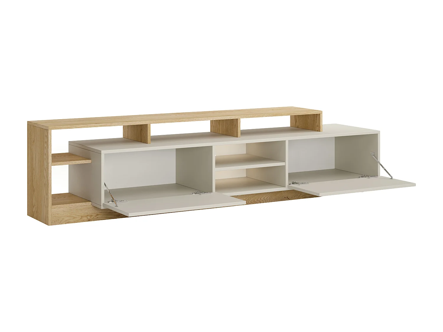 Meuble TV 2 portes et 6 niches avec LEDs - Beige et naturel clair - IDESIA