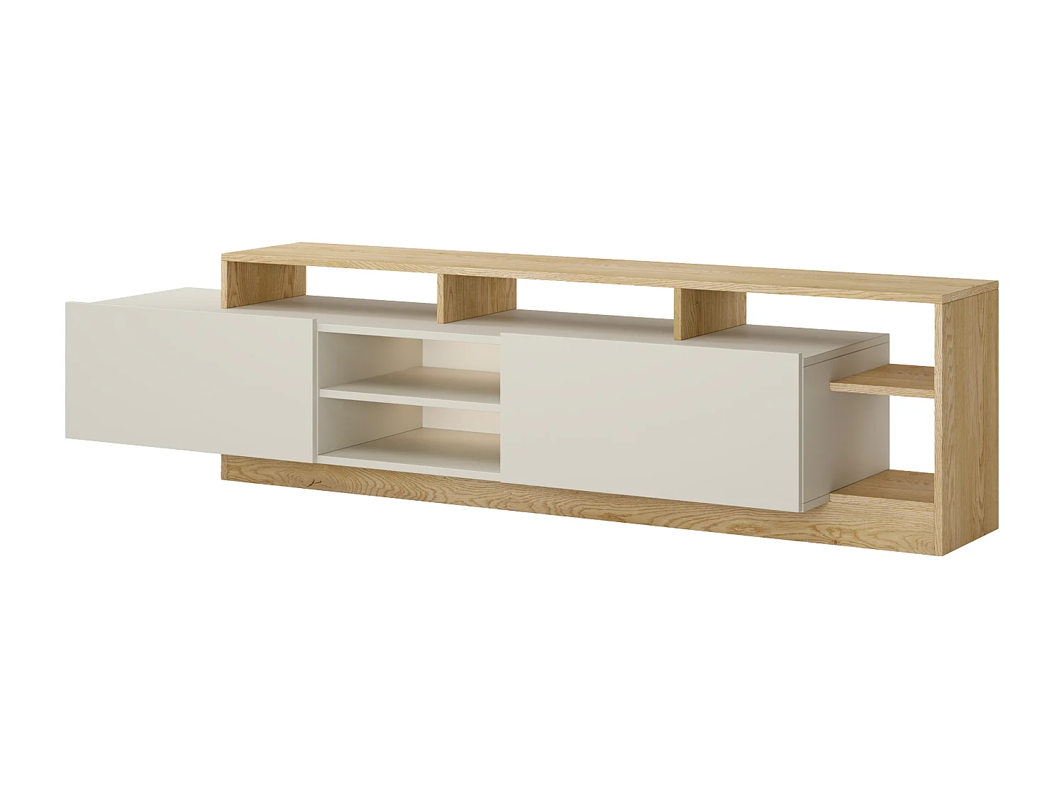 Meuble TV 2 portes et 6 niches avec LEDs - Beige et naturel clair - IDESIA