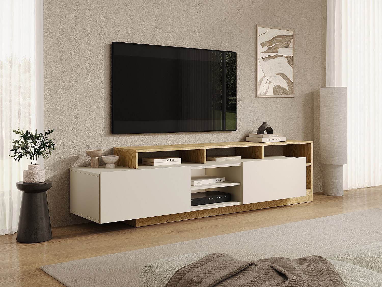 TV-Board mit 2 Türen, 6 Ablagen und LED-Beleuchtung - Beige und Naturfarben hell IDESIA
