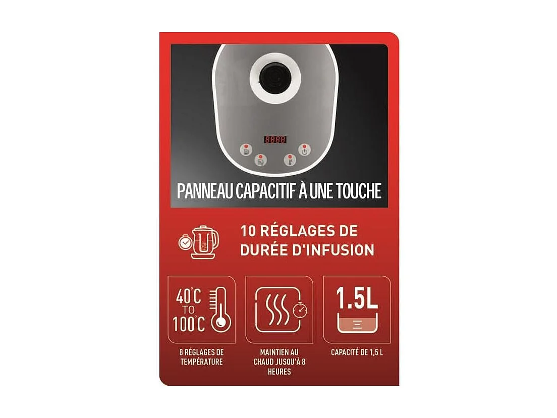 Machine à thé en verre 1,5 L, 8 réglages, panier à thé amovible inox