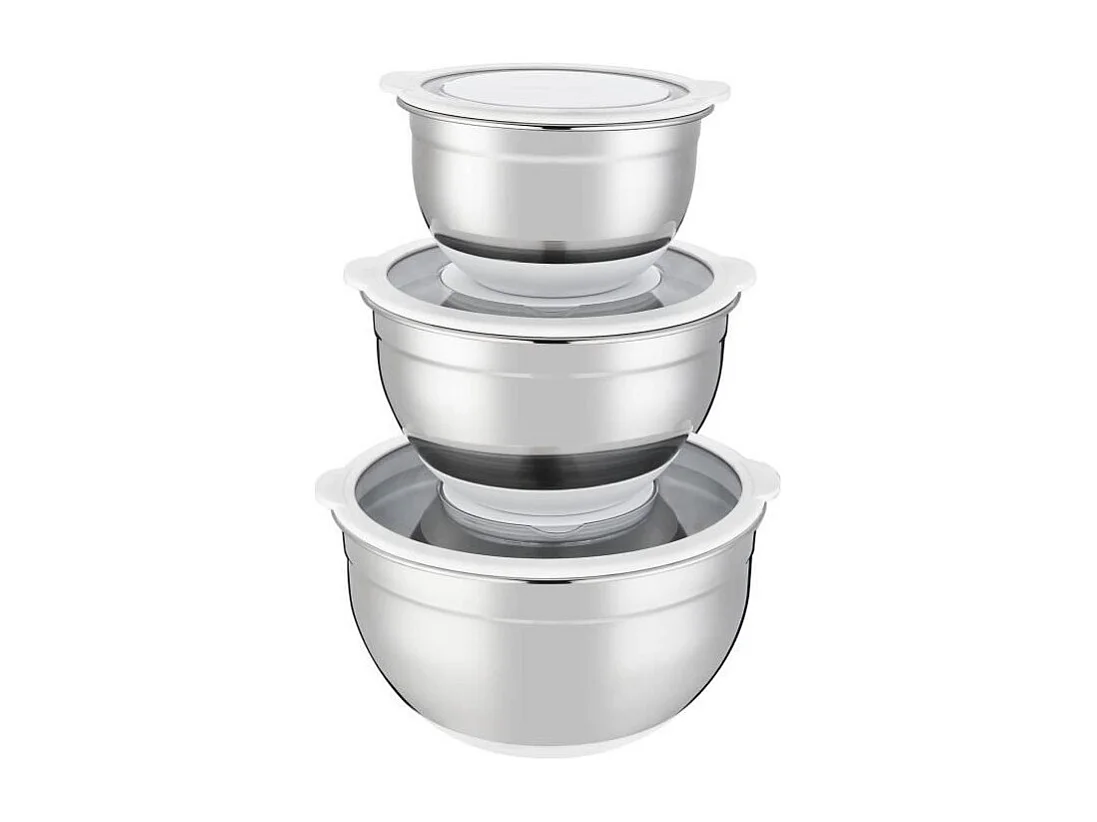 Set de 3 saladiers inox Arthur Martin 16-24 cm avec couvercles hermétiques et fond silicone antidérapant