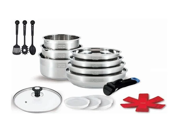Arthur Martin Kochgeschirr-Set 18-teilig Edelstahl 18/10 für alle Herdarten mit abnehmbarem Griff