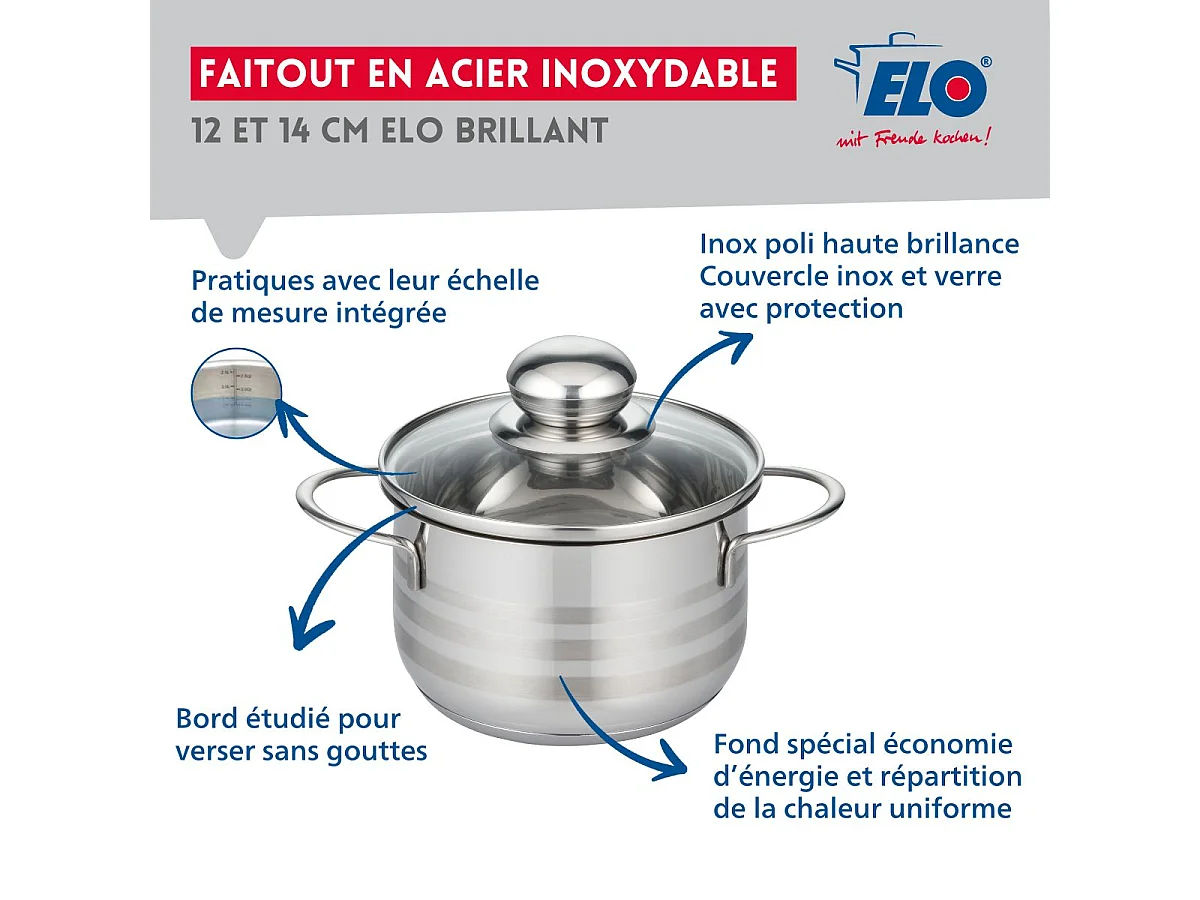 Set aus 2 Edelstahltöpfen Ohne PFAS 12 und 14 cm Elo Glänzend - Für Alle Herdarten Geeignet, Antihaftbeschichtet, Langlebig