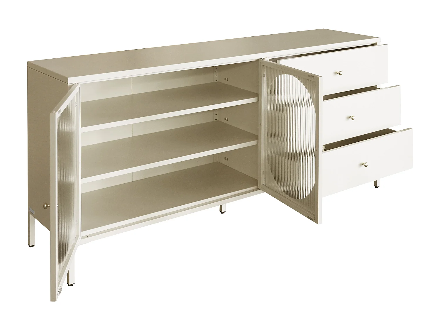 Buffet avec 2 portes et 3 tiroirs en métal et verre trempé cannelé - Beige et doré - ZAVEYRA