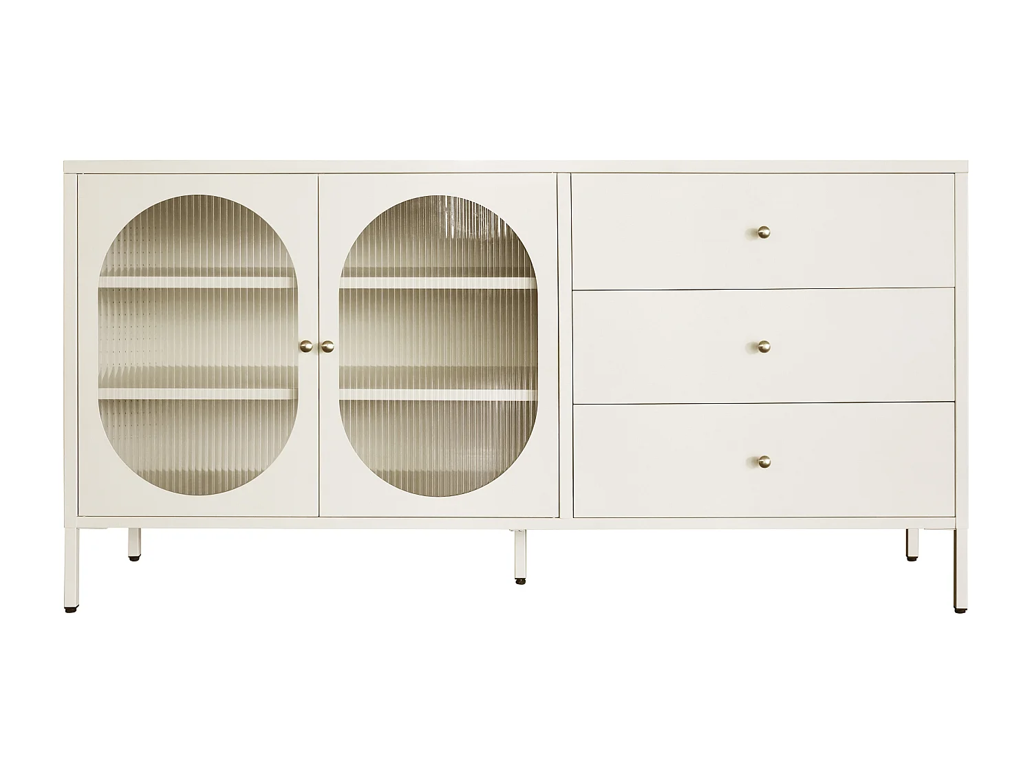 Buffet avec 2 portes et 3 tiroirs en métal et verre trempé cannelé - Beige et doré - ZAVEYRA