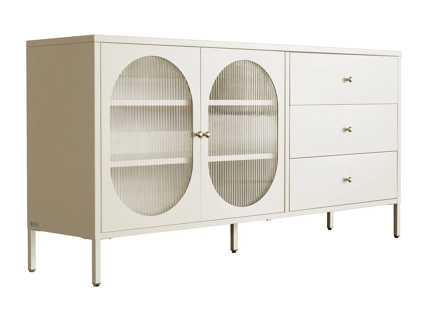 Buffet avec 2 portes et 3 tiroirs en métal et verre trempé cannelé - Beige et doré - ZAVEYRA