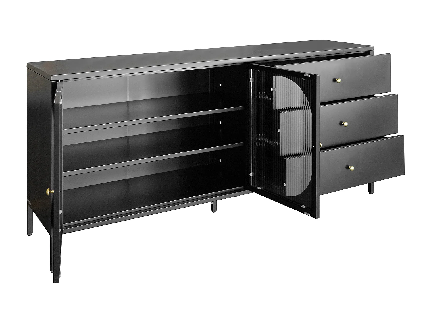 Buffet avec 2 portes et 3 tiroirs en métal et verre trempé cannelé - Noir et doré - ZAVEYRA