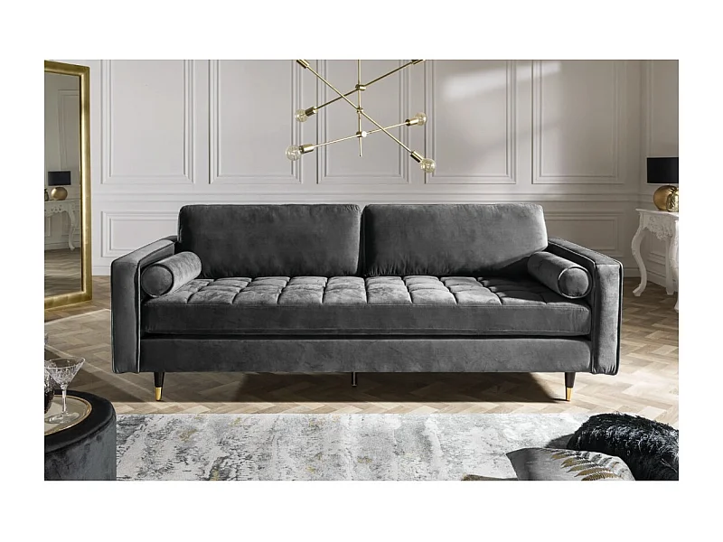 Sofa KOLIRI 3-Sitzer grau – Designersofa aus Samt mit Massivholzstruktur