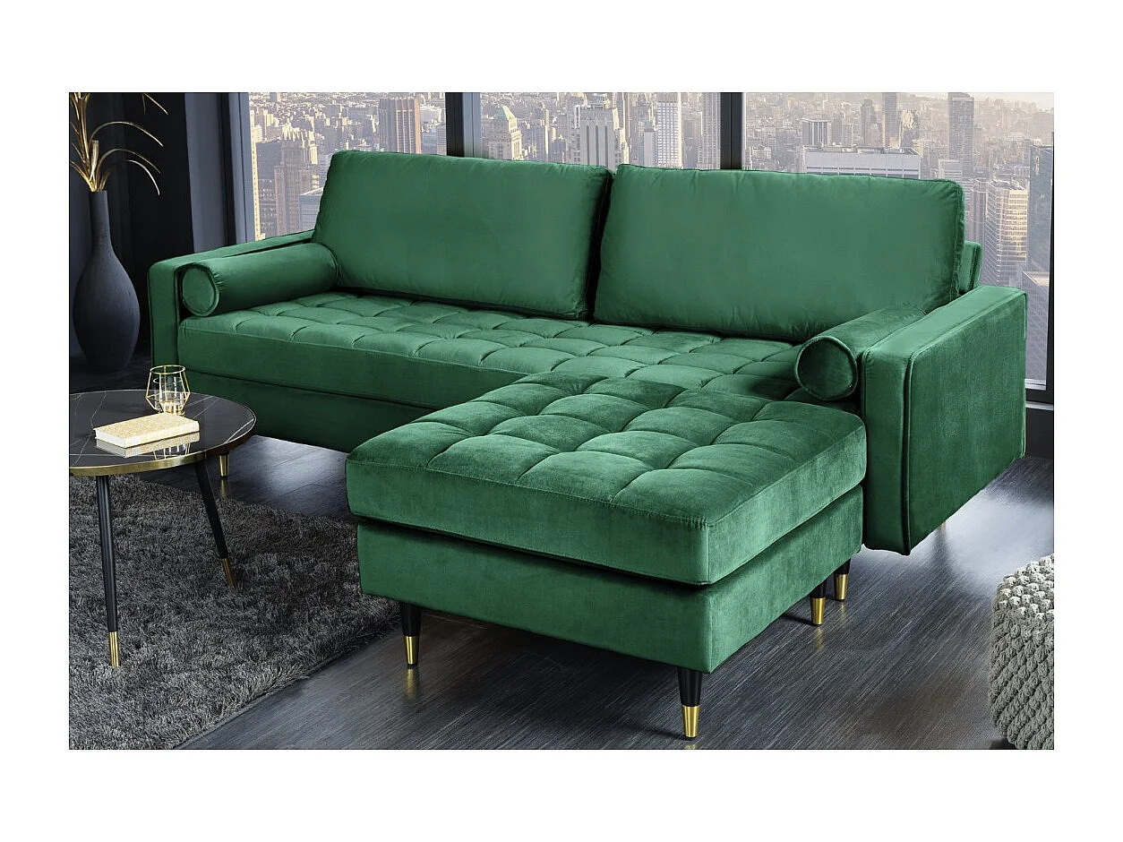 Canapé d'angle réversible KOLIRI vert émeraude – Canapé design en velours avec pouf assorti