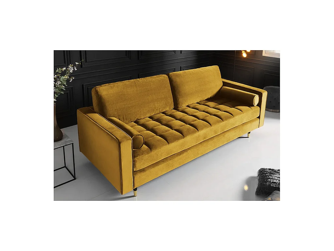 Divano KOLIRI 3 posti giallo senape – Divano di design in velluto con struttura in legno massiccio
