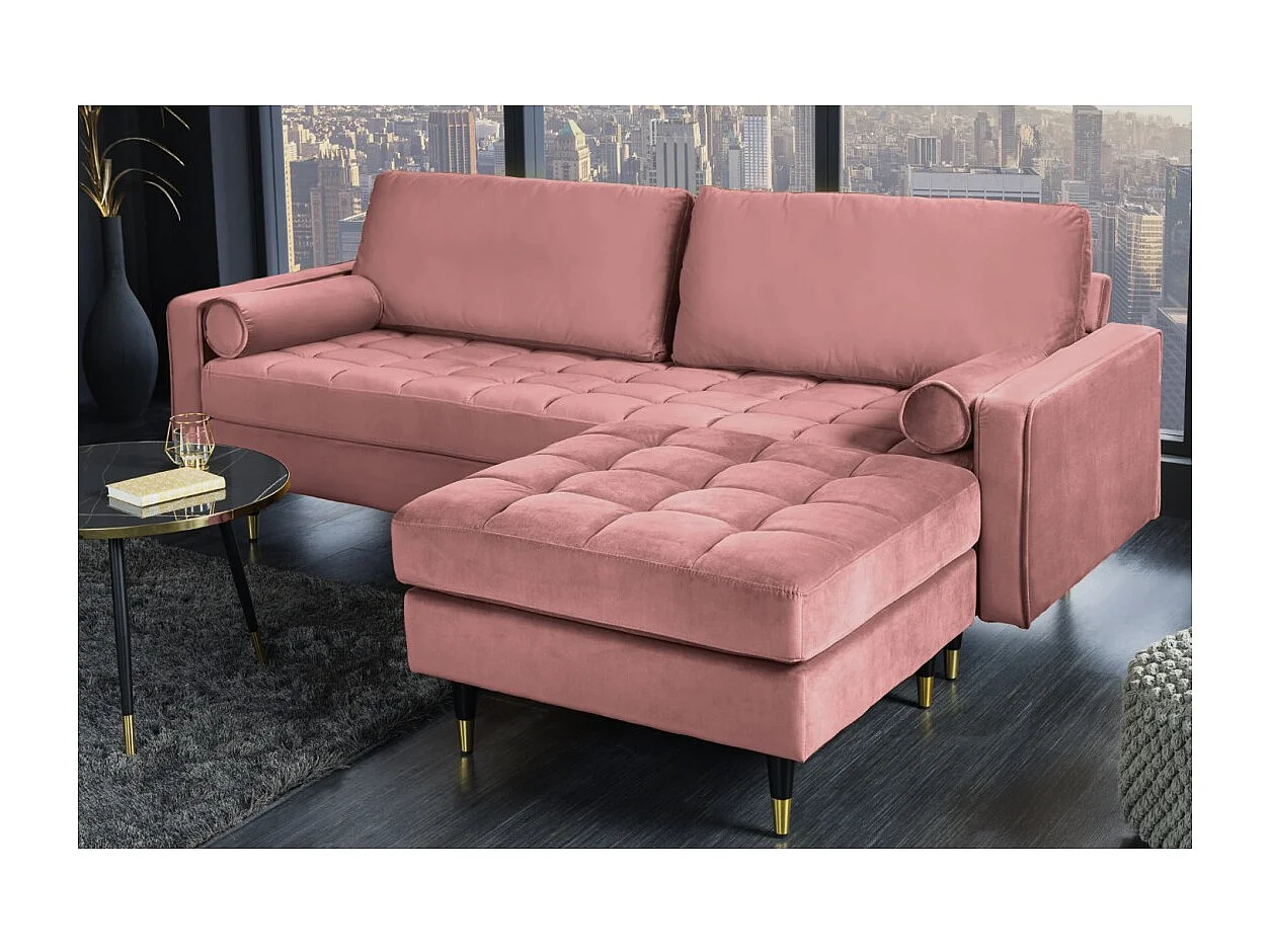Canapé d'angle réversible KOLIRI rose poudré – Canapé design en velours avec pouf assorti