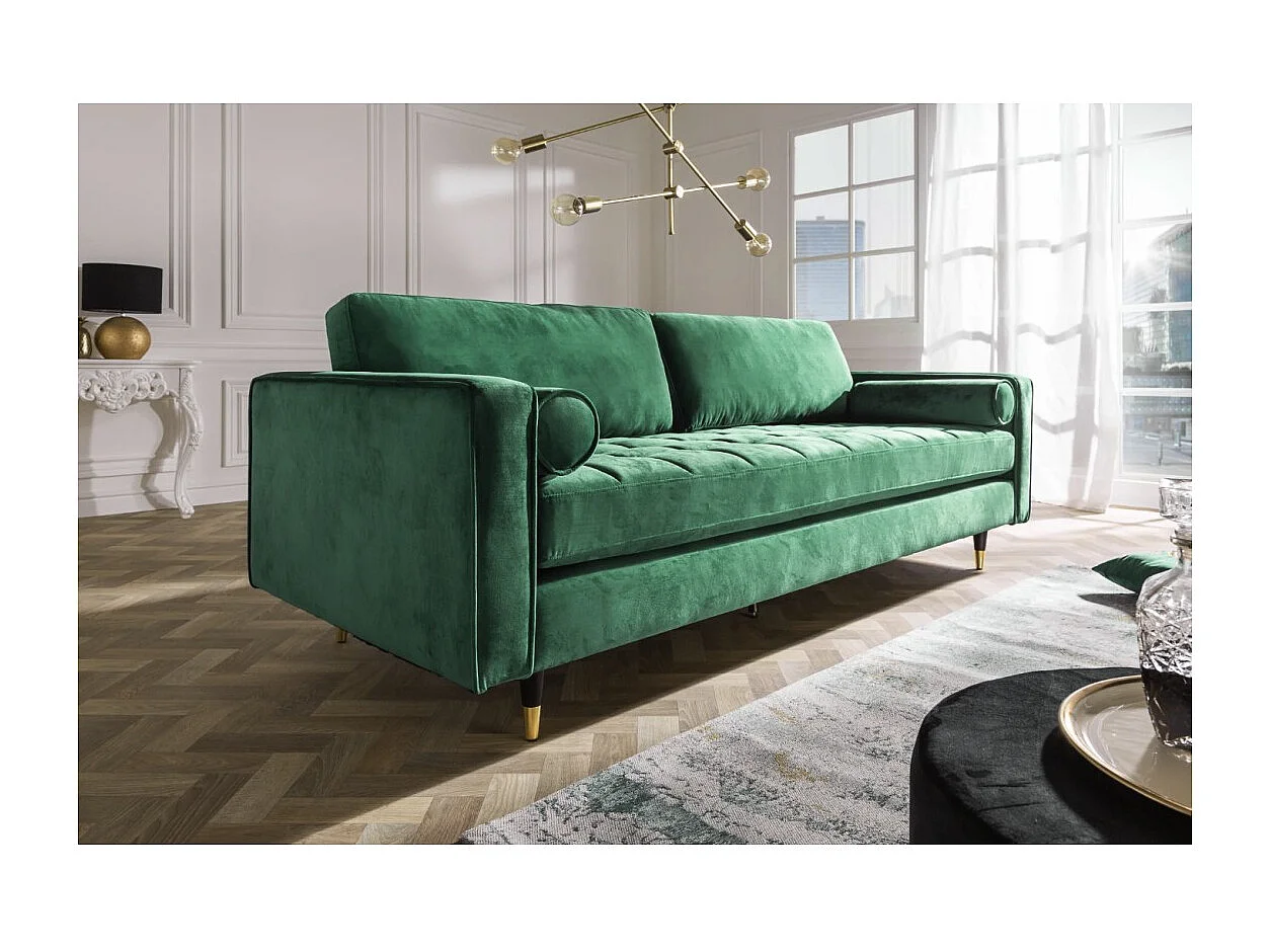 Canapé KOLIRI 3 places vert émeraude – Canapé design en velours avec structure en bois massif
