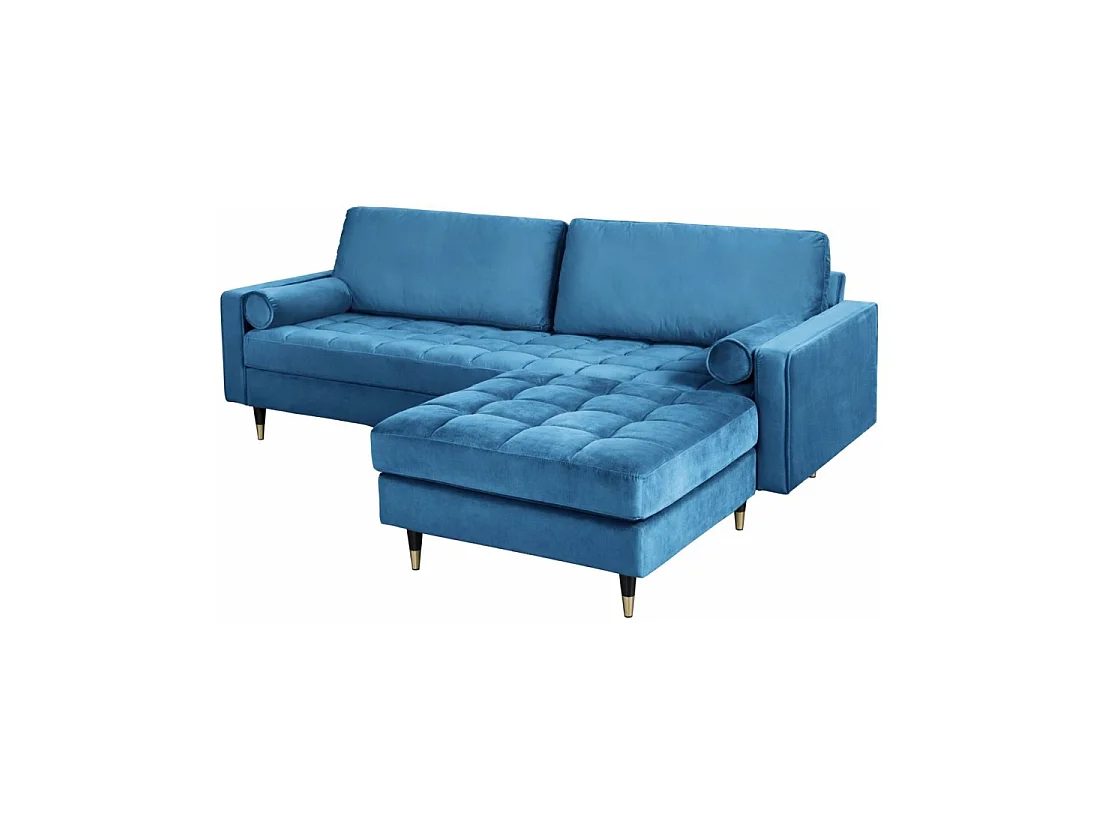 Canapé d'angle réversible KOLIRI bleu – Canapé design en velours capitonné avec pouf assorti