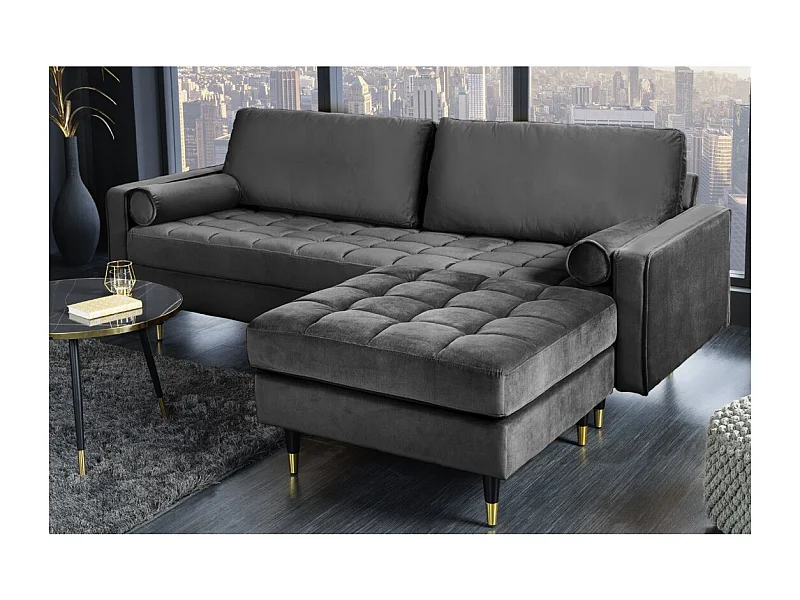 Canapé de esquina reversible KOLIRI gris – Sofá de diseño en terciopelo con puf a juego