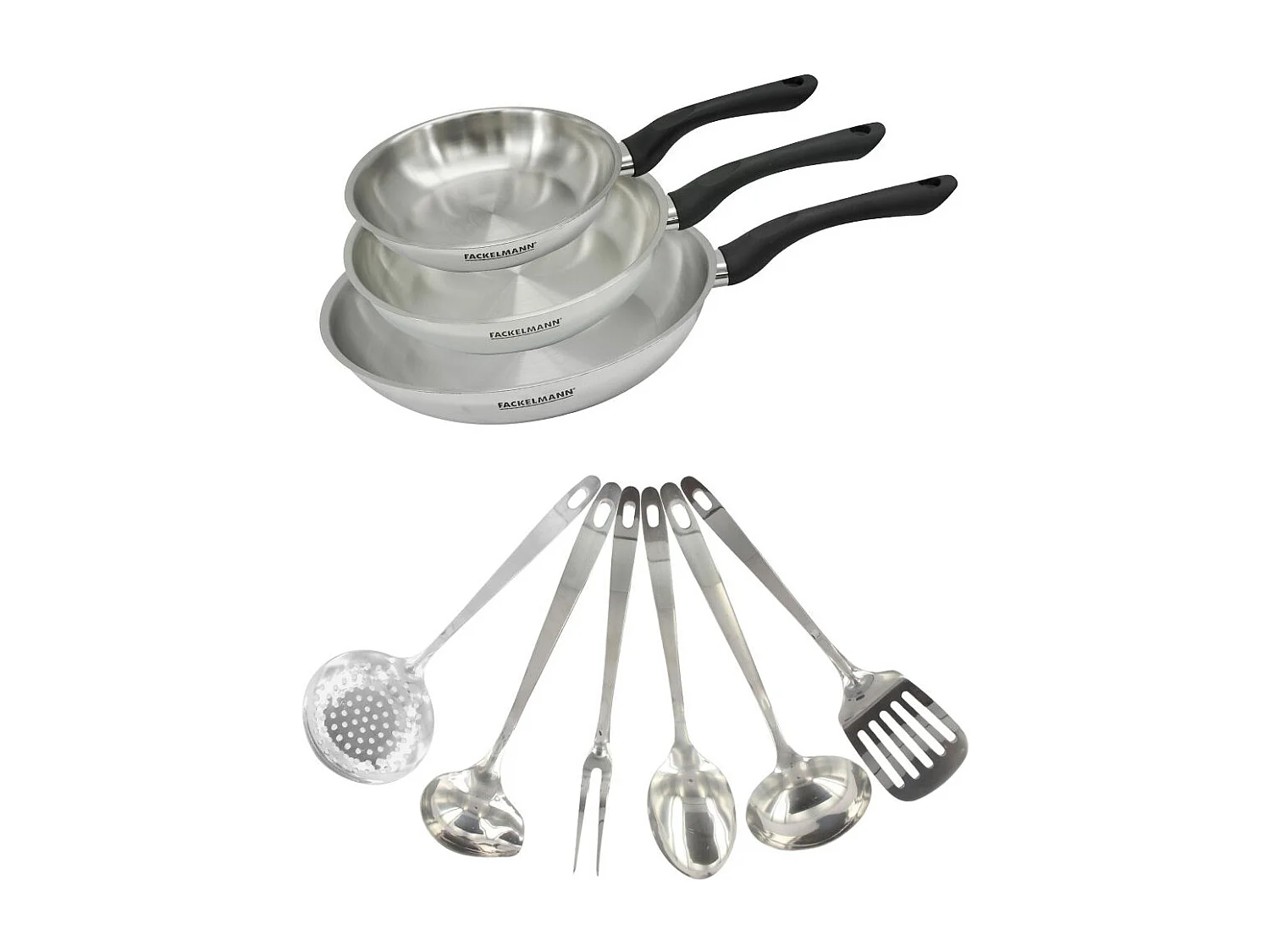 Fackelmann Geneva Kochgeschirr-Set 3 Edelstahlpfannen 18/8 (20-28 cm) + 6 Edelstahl-Utensilien Für Alle Herdarten Induktion