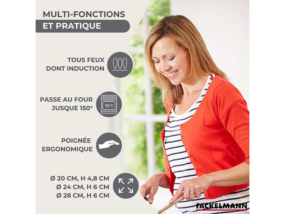 Fackelmann Geneva Kochgeschirr-Set 3 Edelstahlpfannen 18/8 (20-28 cm) + 6 Edelstahl-Utensilien Für Alle Herdarten Induktion