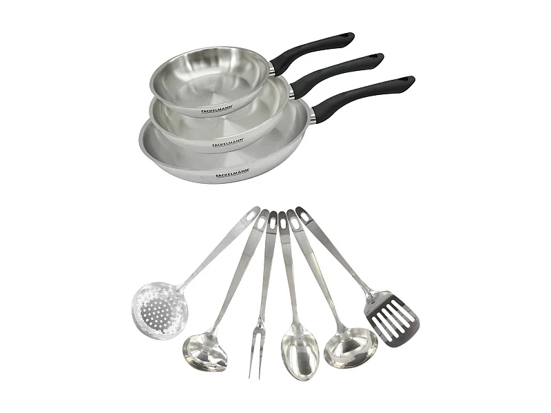 Fackelmann Geneva Kochgeschirr-Set 3 Edelstahlpfannen 18/8 (20-28 cm) + 6 Edelstahl-Utensilien Für Alle Herdarten Induktion