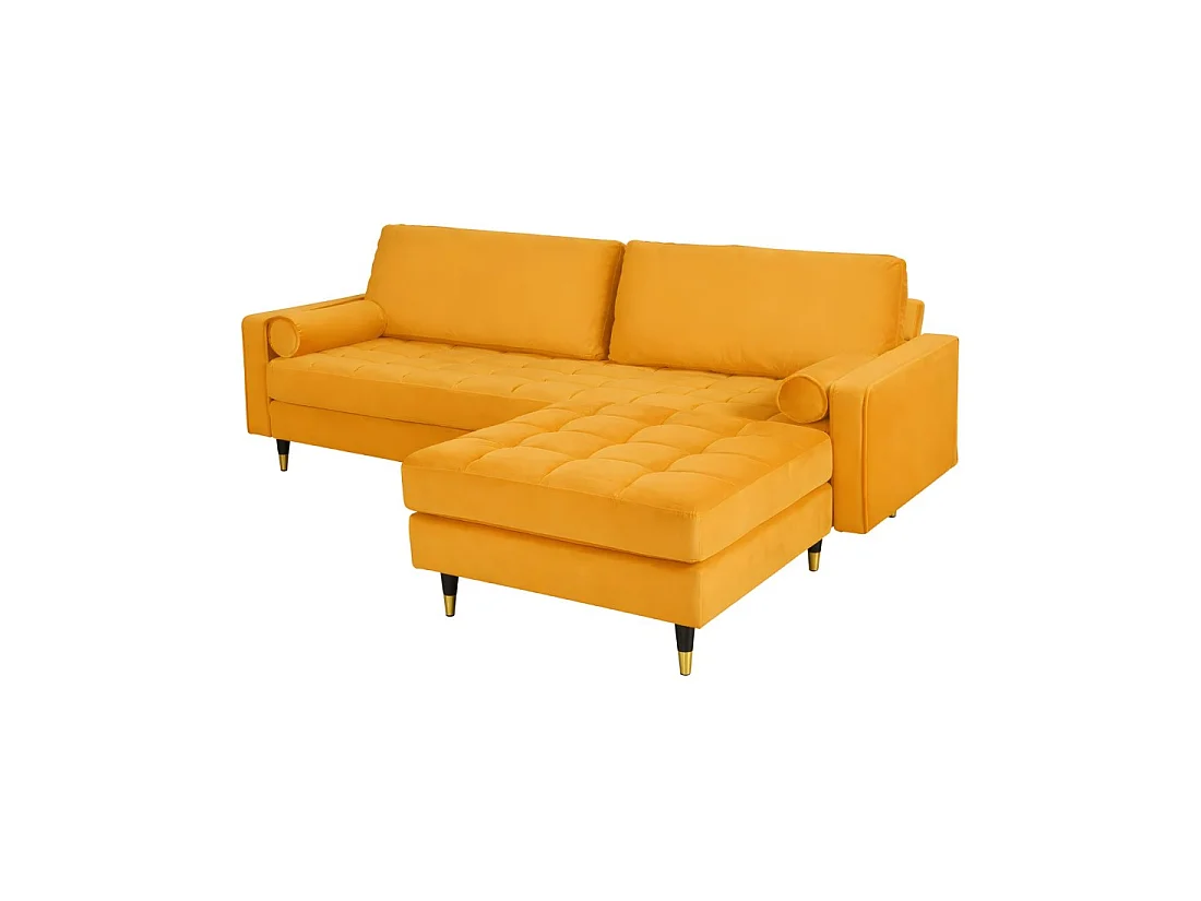 Divano ad angolo reversibile KOLIRI giallo – Divano design in velluto con pouf abbinato