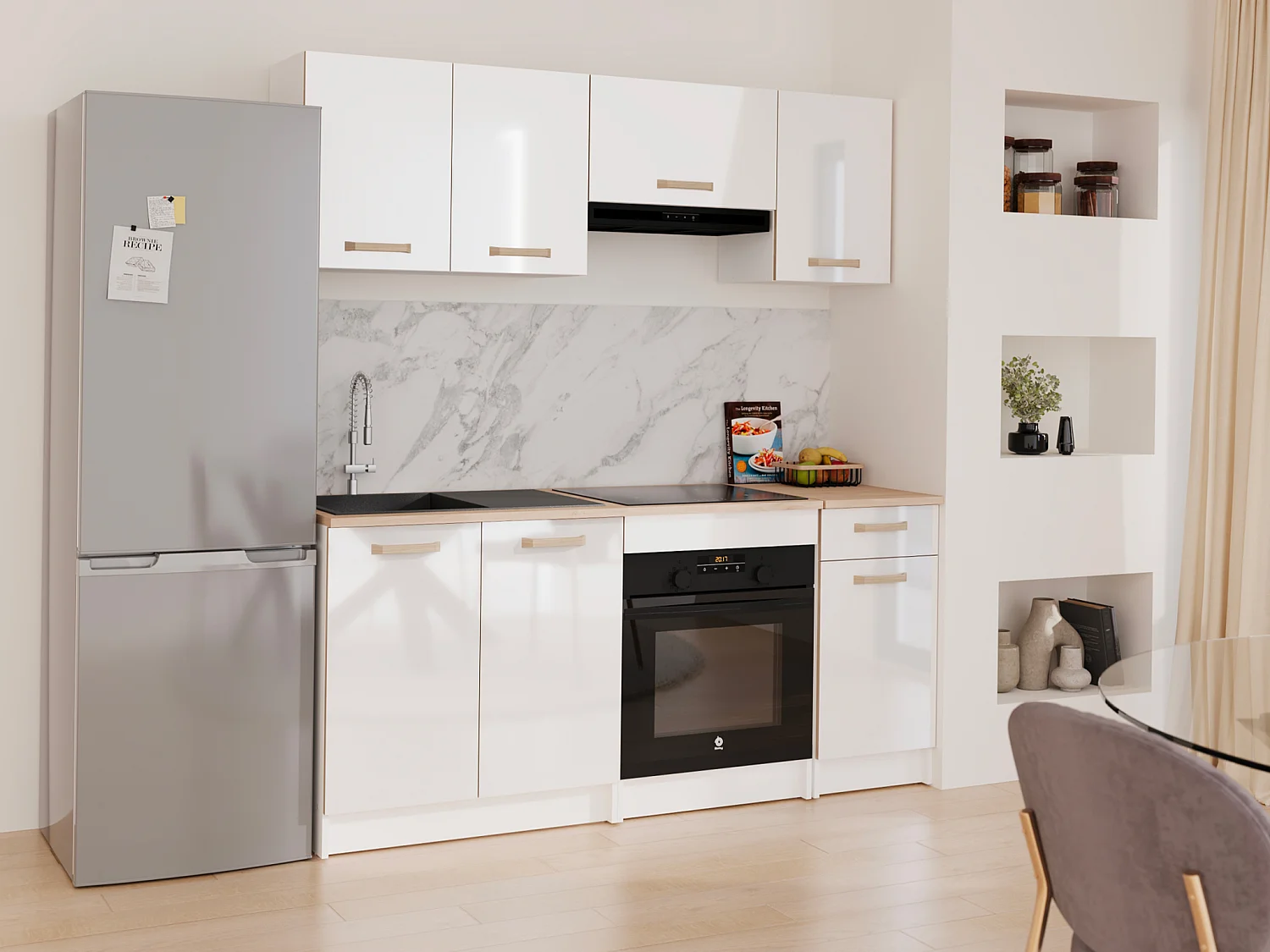 Cuisine complète - Avec plan de travail 180 cm - Blanc brillant et naturel clair - TRATTORIA