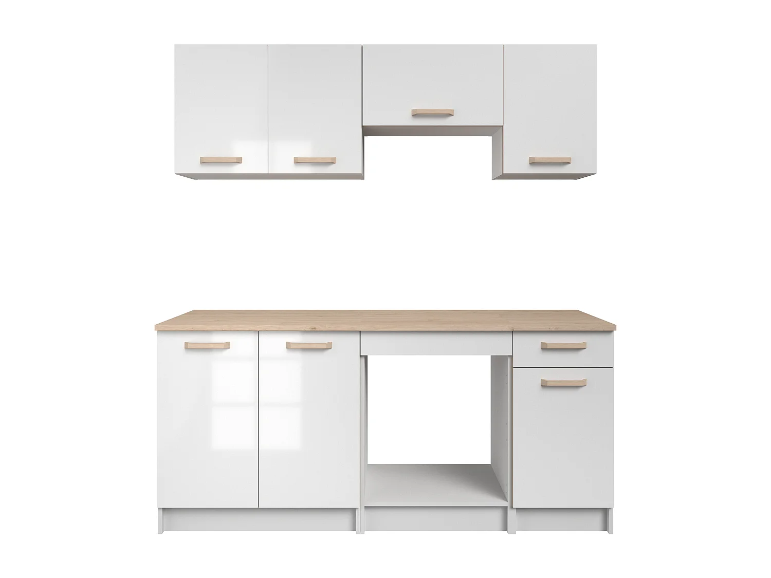 Cuisine complète - Avec plan de travail 180 cm - Blanc brillant et naturel clair - TRATTORIA