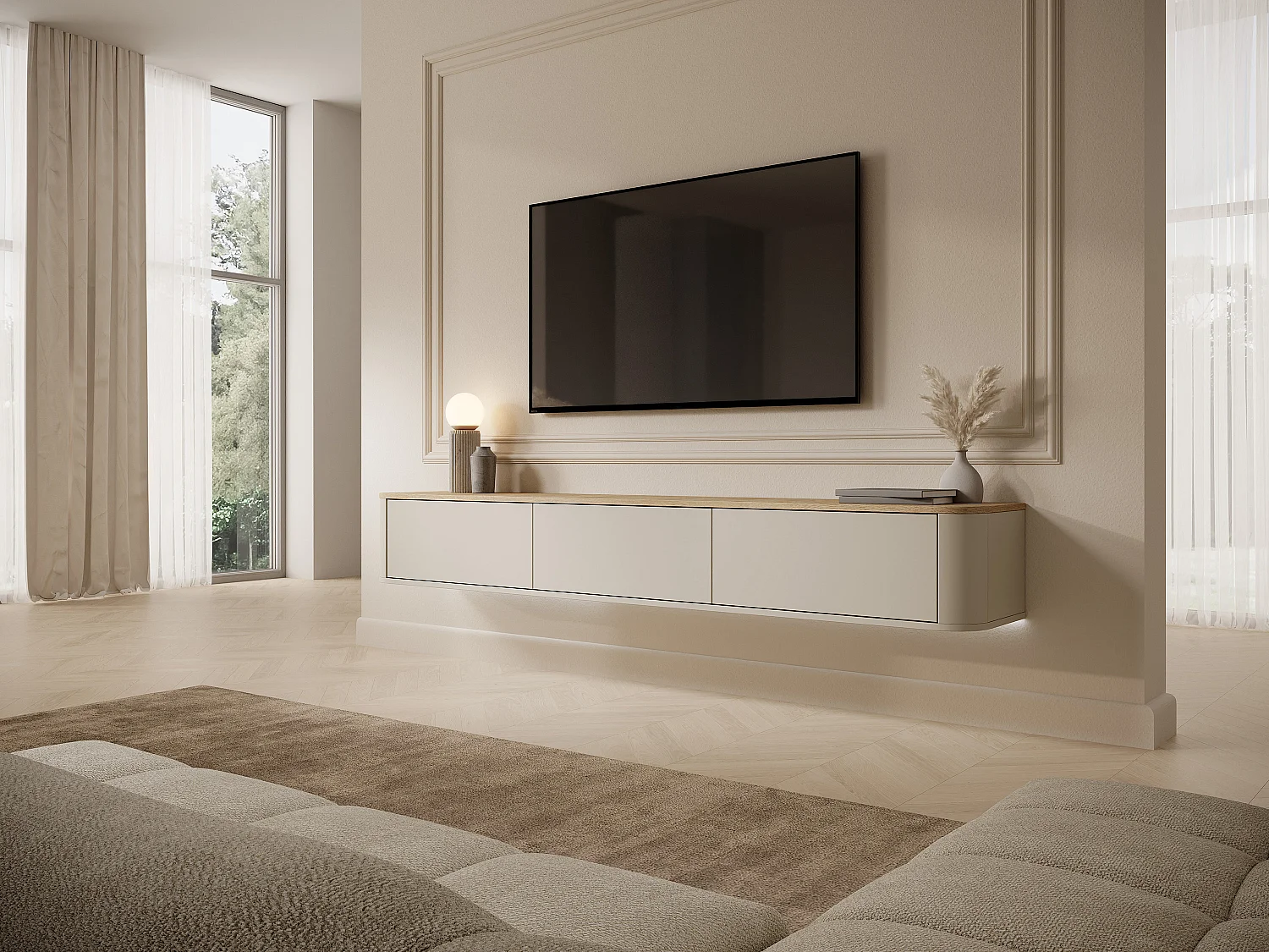 Meuble TV suspendu 3 portes avec LEDs - Beige et naturel clair - AJUGA