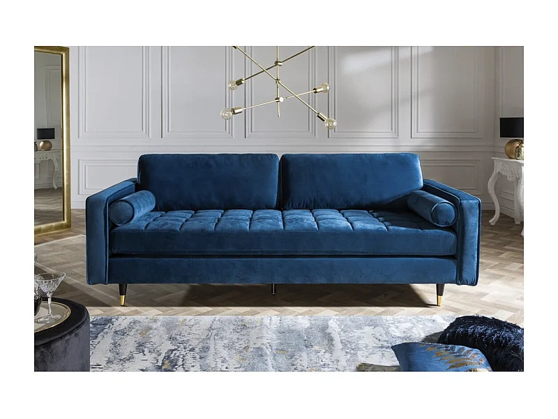 Sofá KOLIRI de 3 plazas azul – Sofá de diseño en terciopelo con estructura de madera maciza