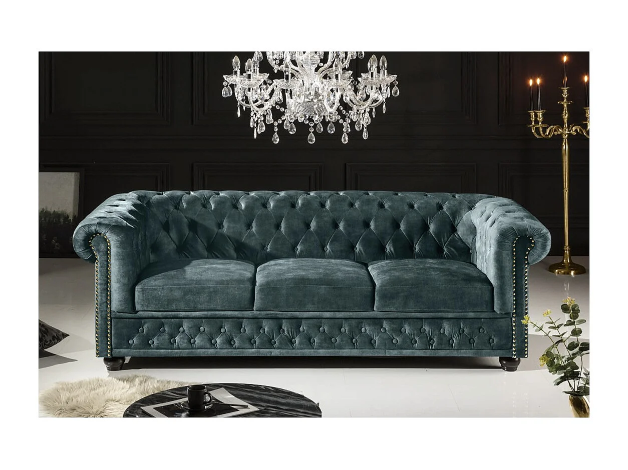 Canapé droit EDGAR – Bleu canard – 3 places – Velours style baroque