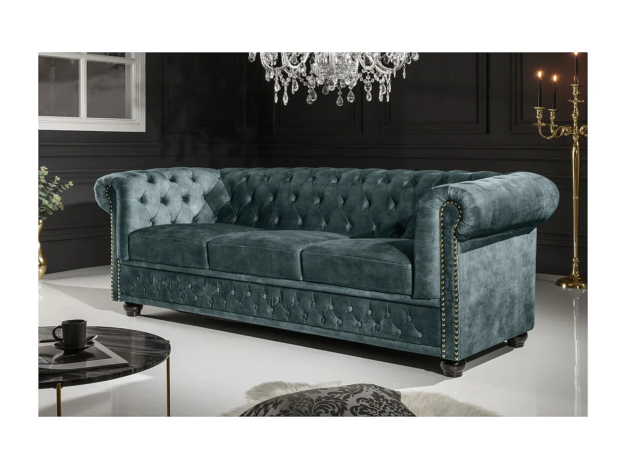 Sofá recto EDGAR – Azul pavo real – 3 plazas – Terciopelo estilo barroco