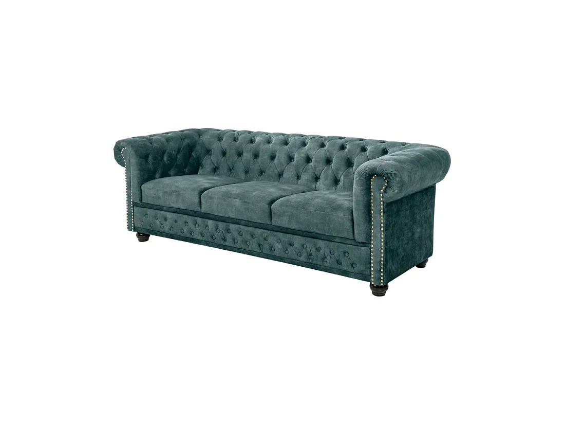 Sofa recht EDGAR - Eendenblauw - 3 zitplaatsen - Fluweel barokstijl