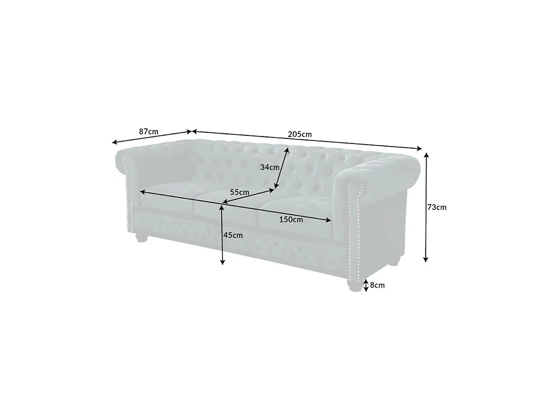 Sofa recht EDGAR - Eendenblauw - 3 zitplaatsen - Fluweel barokstijl