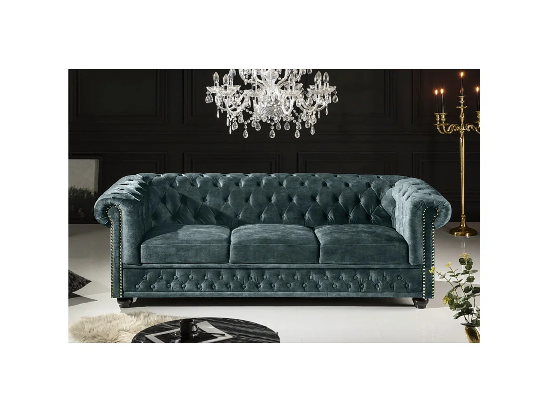 Sofa recht EDGAR - Eendenblauw - 3 zitplaatsen - Fluweel barokstijl