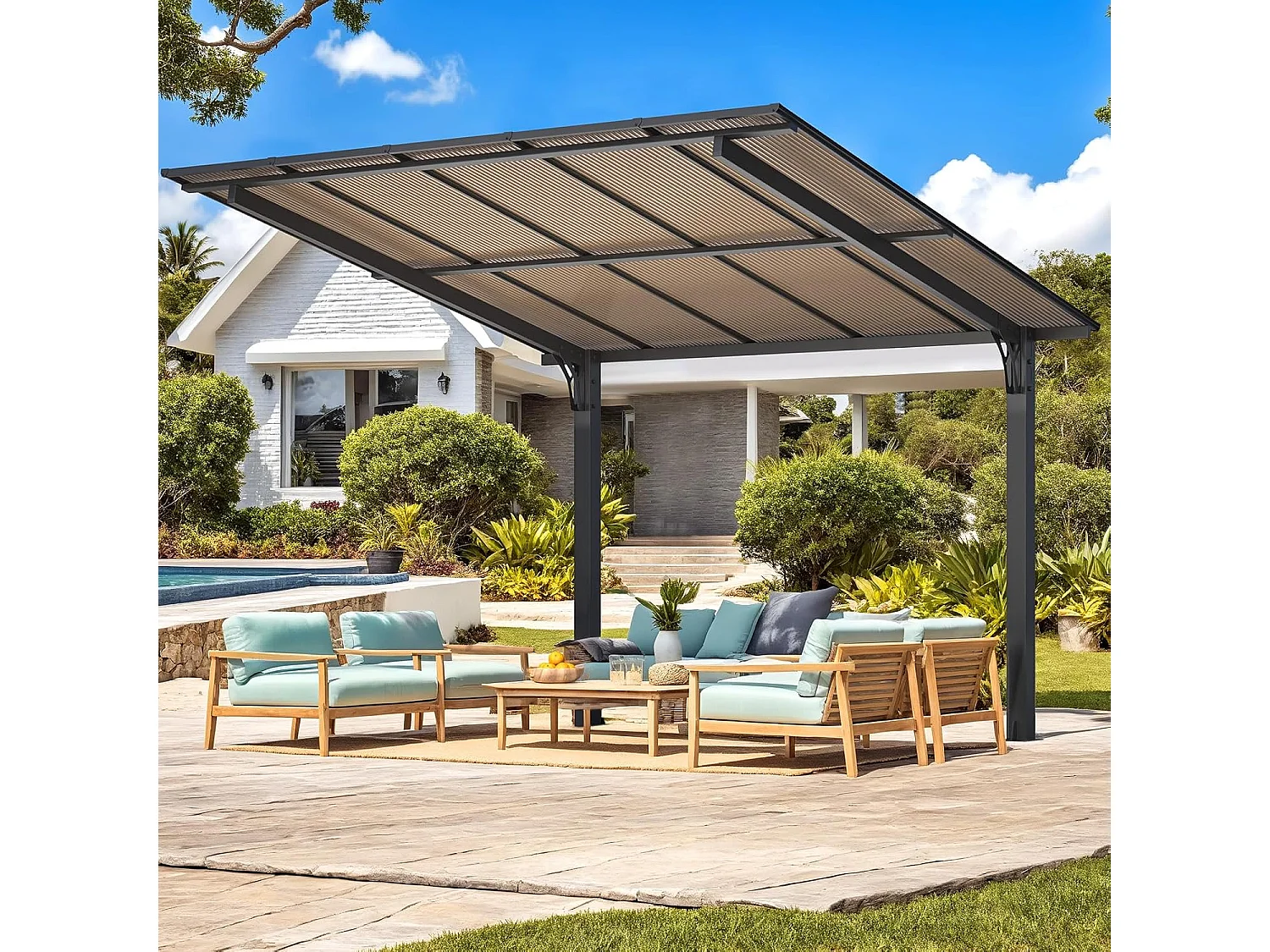 YODOLLA Freistehende Hartdach-Pergola 3x3m, Gartenpavillon-Carport mit Schrägdach für Terrasse & Terrassendeck